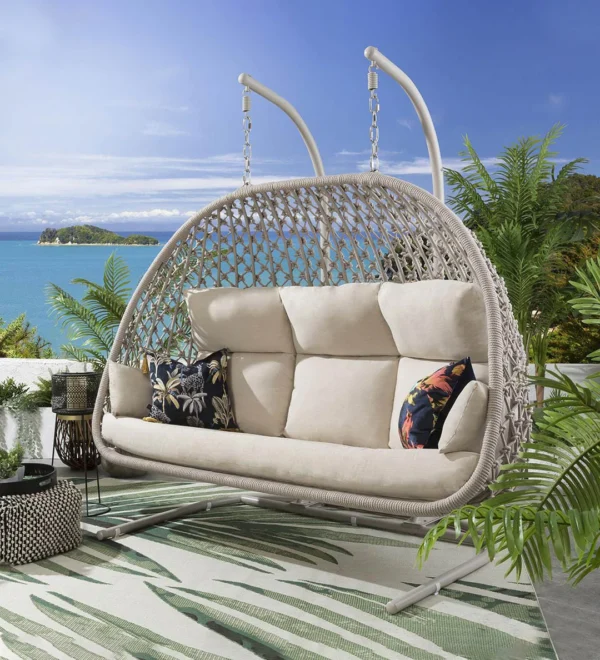 Three Seater Hanging Swing With Stand For Balcony, Garden Swing (Natural) Braid & Rope