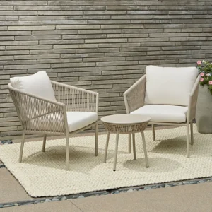 Outdoor Patio Seating Set 2 Chairs and 1 Table Set (Beige) Braided & Rope